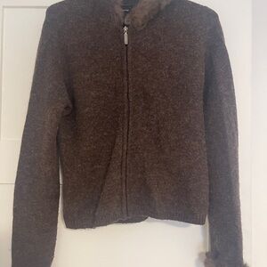 Brown Women's Sweater with Fur Trim